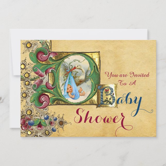 STORK BOY BABY SHOWER FLORAL PARCHMENT MONOGRAM INVITATION (Front)