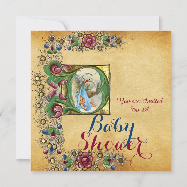STORK BOY BABY SHOWER FLORAL PARCHMENT MONOGRAM INVITATION (Front)