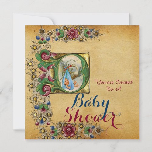 STORK BOY BABY SHOWER FLORAL PARCHMENT MONOGRAM INVITATION