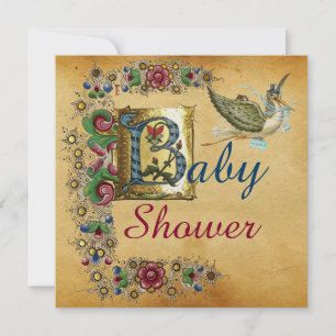 STORK BOY BABY SHOWER FLORAL PARCHMENT MONOGRAM INVITATION