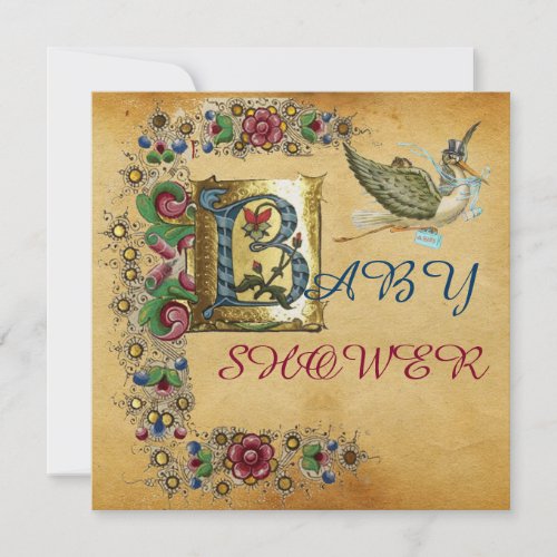 STORK BOY BABY SHOWER FLORAL PARCHMENT MONOGRAM INVITATION