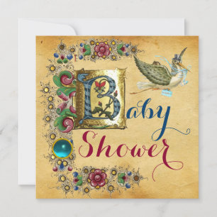 STORK BOY BABY SHOWER FLORAL PARCHMENT MONOGRAM INVITATION