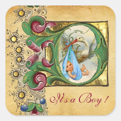 STORK BOY BABY SHOWER FLORAL PARCHMENT MONOGRAM SQUARE STICKER