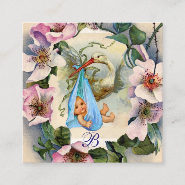 STORK BOY BABY SHOWER ,PINK WILD ROSES MONOGRAM ENCLOSURE CARD (Front)