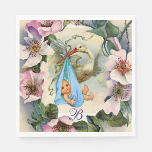 STORK BOY BABY SHOWER ,PINK WILD ROSES MONOGRAM NAPKINS