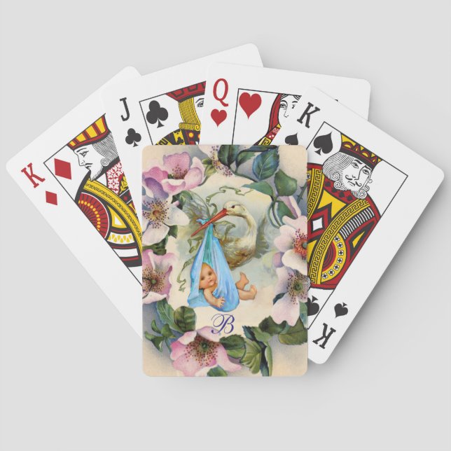 STORK BOY BABY SHOWER ,PINK WILD ROSES MONOGRAM POKER CARDS (Back)