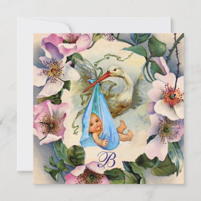 STORK BOY BABY SHOWER ,PINK WILD ROSES Thank you  Invitation (Front)