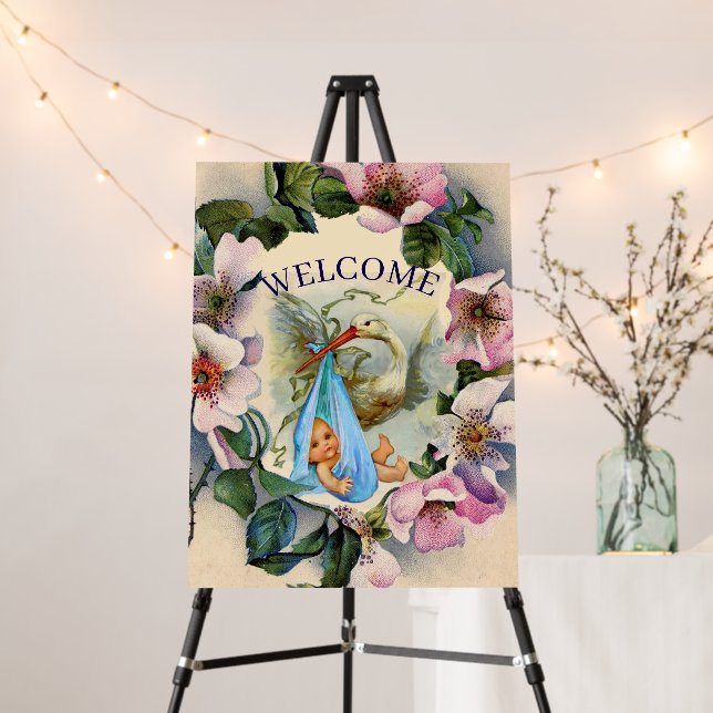 STORK BOY BABY SHOWER ,PINK WILD ROSES Welcome Foam Board (In Situ (Stand))