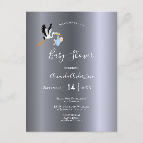 Stork boy blue silver cute baby shower invitation postcard