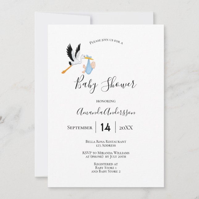 Stork boy blue white cute baby shower invitation (Front)
