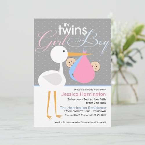 Stork BoyGirl Twin Bundle Baby Shower Invitations