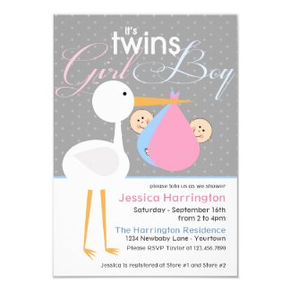 Stork Boy/Girl Twin Bundle Baby Shower Invitations