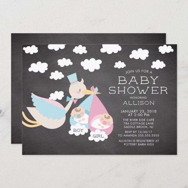 Stork & Boy Girl Twins Baby Shower Invitation (Front/Back)