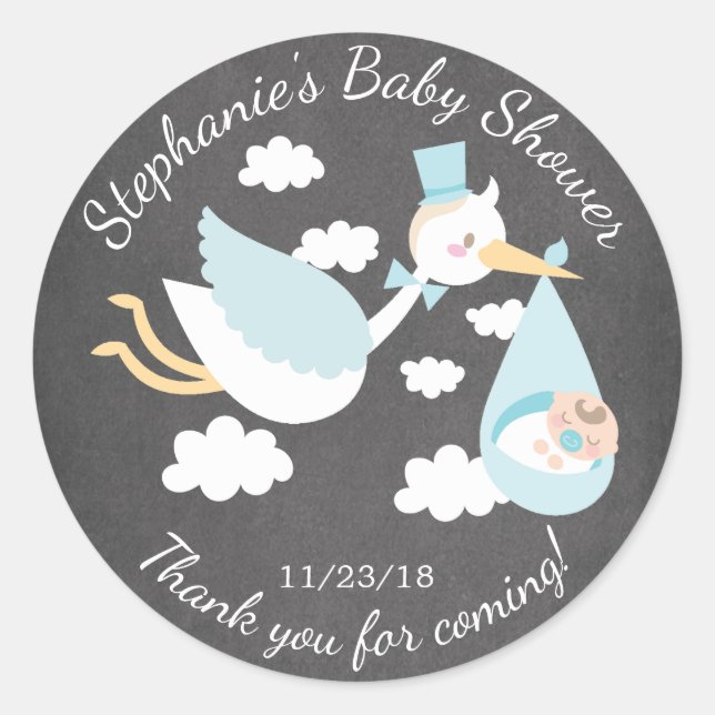 Stork Boys Baby Shower Favor Sticker (Front)