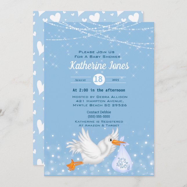 Stork Boys Baby Shower Invitations (Front/Back)