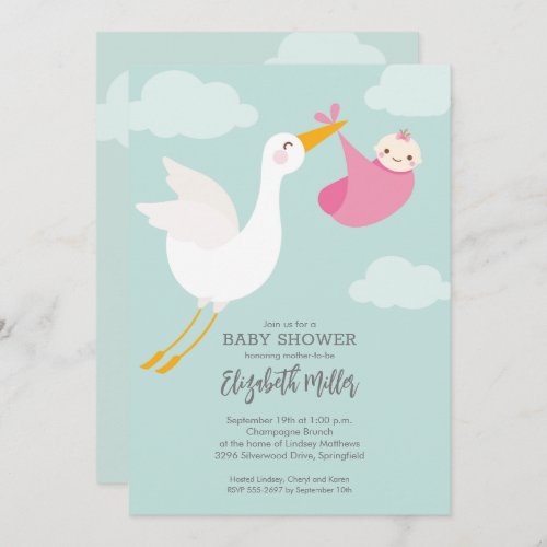 Stork Bundle Girl Baby Shower Invitations