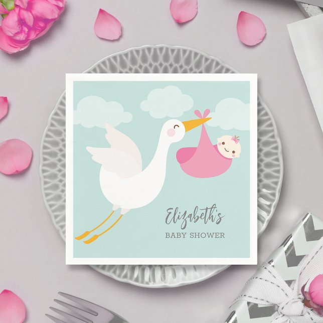 Stork Bundle Girl Baby Shower Napkins (Pink stork bundle girl baby shower personalized cocktail napkins)