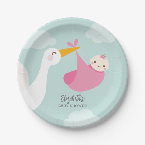 Stork Bundle Girl Baby Shower Paper Plates