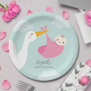 Stork Bundle Girl Baby Shower Paper Plates