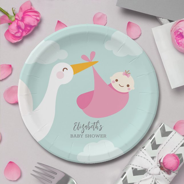 Stork Bundle Girl Baby Shower Paper Plates (Stork Pink Bundle Girl Baby Shower Paper Plates)