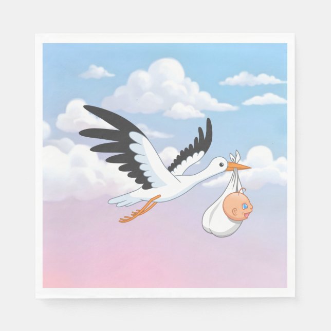 Stork Carrying a Baby Cloudy Sky Napkins (Front)