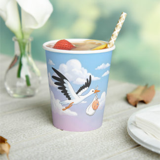 Stork Carrying a Baby Cloudy Sky Paper Cups