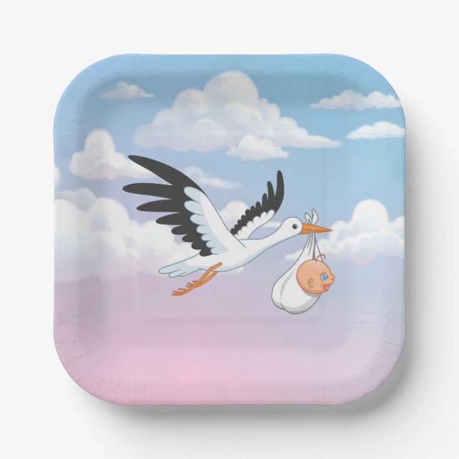 Stork Carrying a Baby Cloudy Sky Paper Plates (Front)
