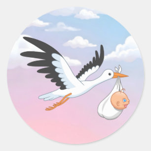 Stork Carrying a Baby Sky Clouds Classic Round Sticker