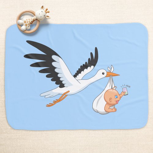 Stork Carrying a Baby Taking First Selfie Blue Baby Blanket