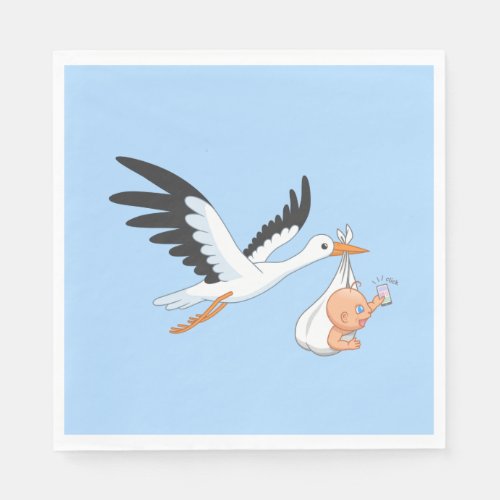 Stork Carrying a Baby Taking First Selfie Blue Napkins