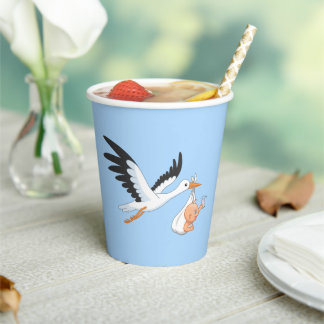 Stork Carrying a Baby Taking First Selfie Blue Paper Cups