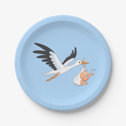 Stork Carrying a Baby Taking First Selfie Blue Paper Plates