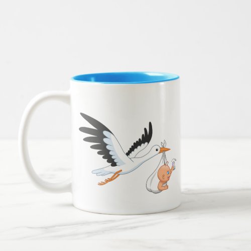 Stork Carrying a Baby Taking First Selfie Blue Two Two_Tone Coffee Mug