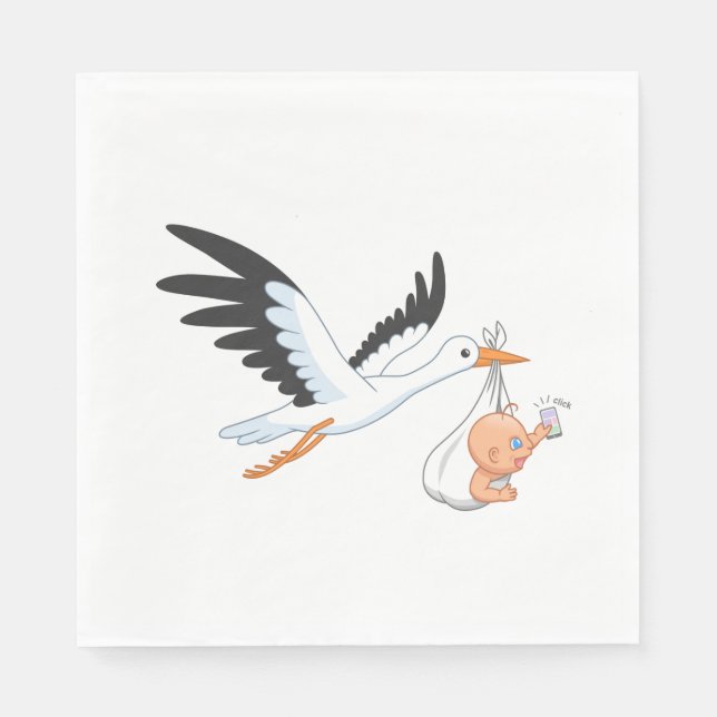 Stork Carrying a Baby Taking First Selfie Napkins (Front)