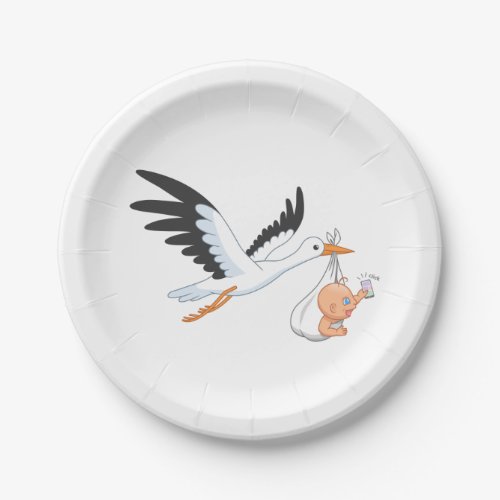 Stork Carrying a Baby Taking First Selfie Paper Plates