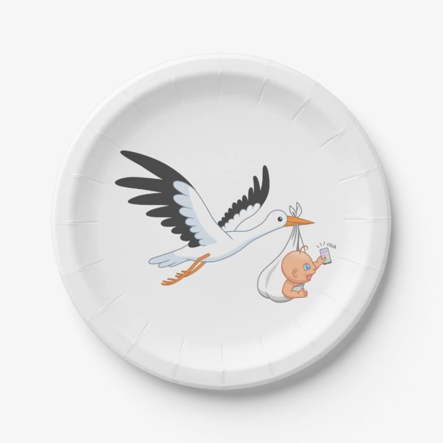Stork Carrying a Baby Taking First Selfie Paper Plates (Front)