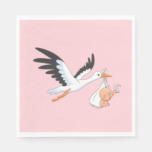 Stork Carrying a Baby Taking First Selfie Pink Napkins