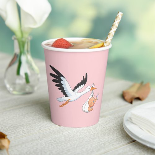 Stork Carrying a Baby Taking First Selfie Pink Paper Cups