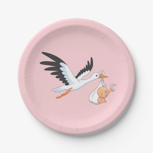 Stork Carrying a Baby Taking First Selfie Pink Paper Plates