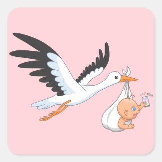 Stork Carrying a Baby Taking First Selfie Pink Square Sticker