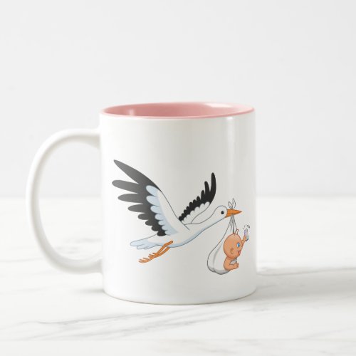 Stork Carrying a Baby Taking First Selfie Pink Two Two_Tone Coffee Mug