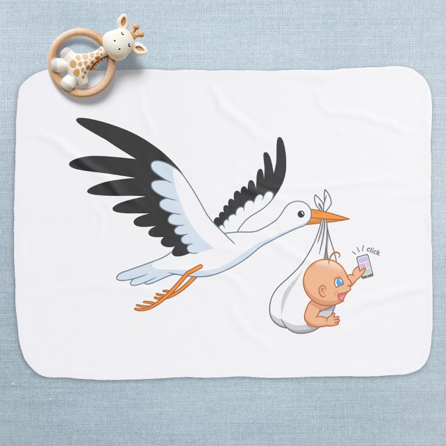 Stork Carrying a Baby Taking First Selfie White Ba Baby Blanket (Creator Uploaded)