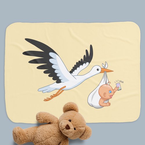 Stork Carrying a Baby Taking First Selfie Yellow Baby Blanket