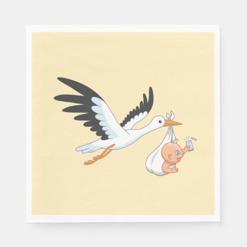 Stork Carrying a Baby Taking First Selfie Yellow Napkins
