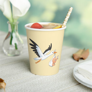 Stork Carrying a Baby Taking First Selfie Yellow Paper Cups