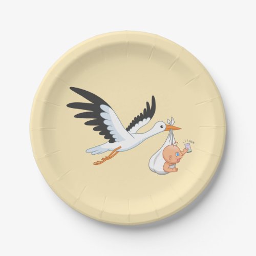 Stork Carrying a Baby Taking First Selfie Yellow Paper Plates