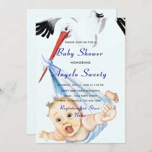 Stork Carrying Baby _ Baby Boy Shower Invitation