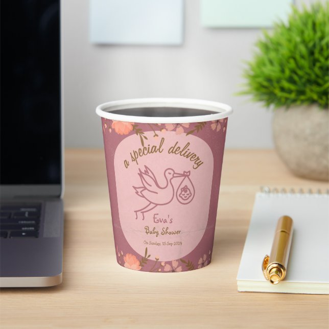 Stork Carrying Baby-Baby Shower Paper Cups (Insitu)