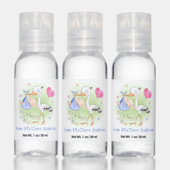 Stork Carrying Baby Boy Baby Shower Party Favors Hand Sanitizer