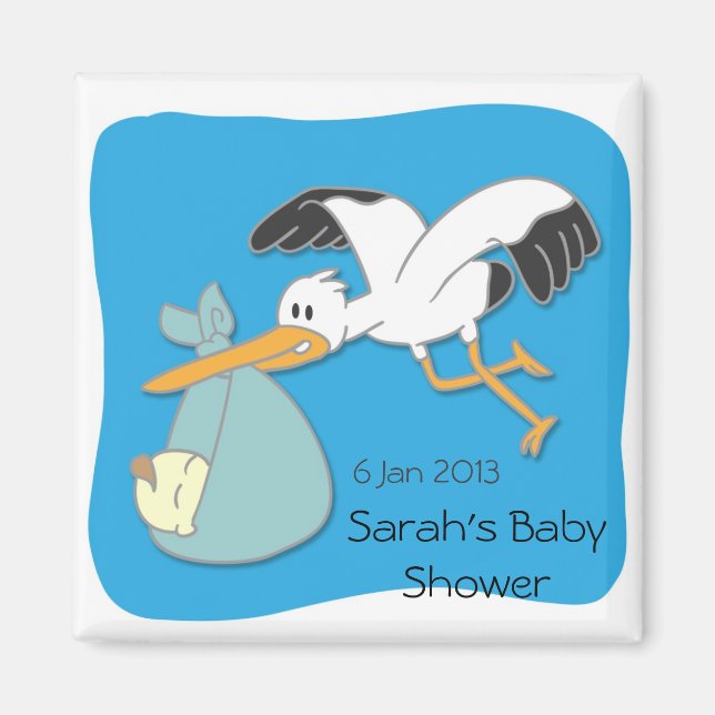 Stork carrying baby cartoon baby shower magnet (Front)